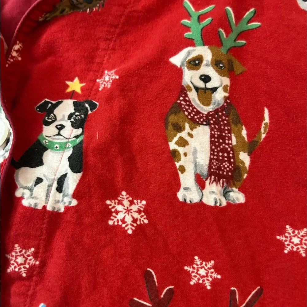 NICK & NORA VINTAGE Reindeer Dog Red Pajama‎ Top Cotton Flannel L